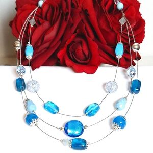 Handmade Deep Blue Vintage Glass & Lucite Beaded Statement Necklace Multi Strand